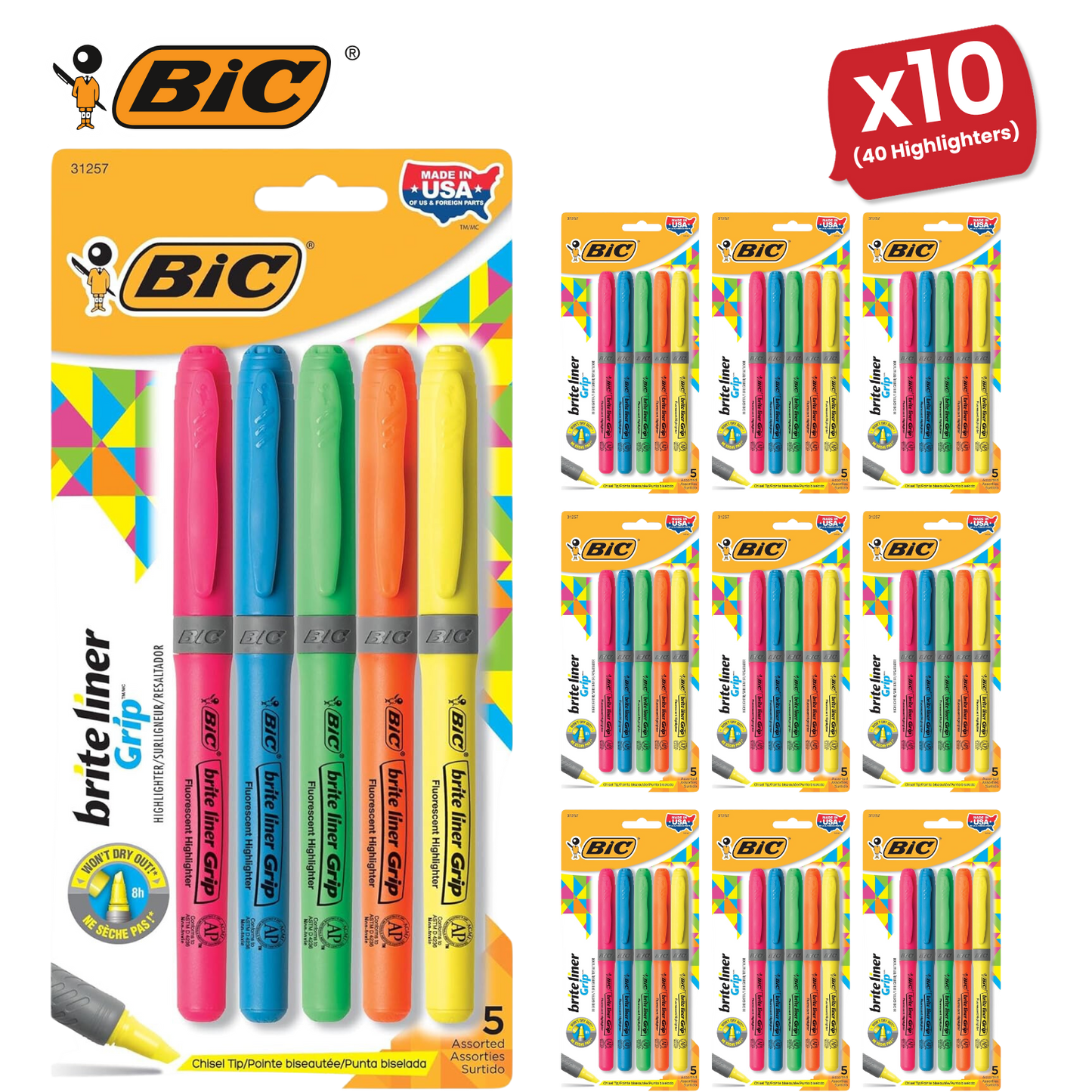 Bic brite liner Grip (1.6 to 3.3 mm) Chisel Tip Highlighter Pen - 10 Packs
