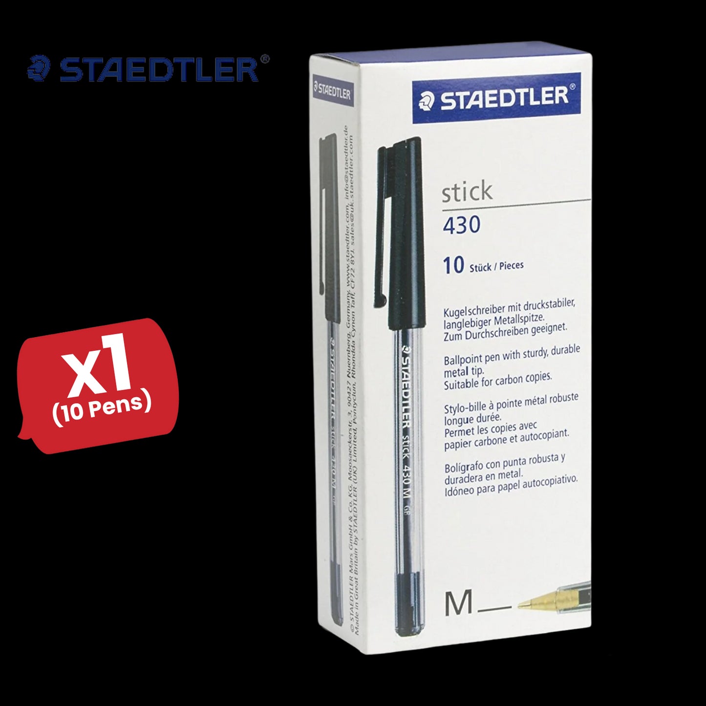 Staedtler Stick 430 M-9 Ballpoint Pen Medium - Black - Pack of 10