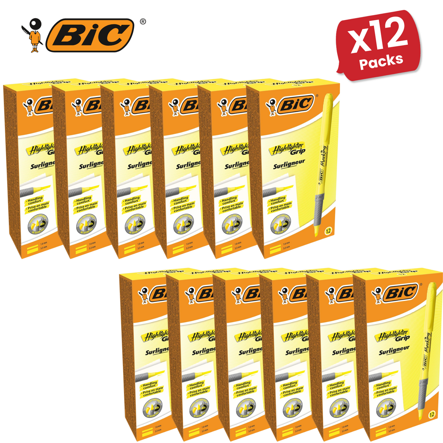 Bic Briteliner Grip Highlighter Pen Yellow - Pack of 12