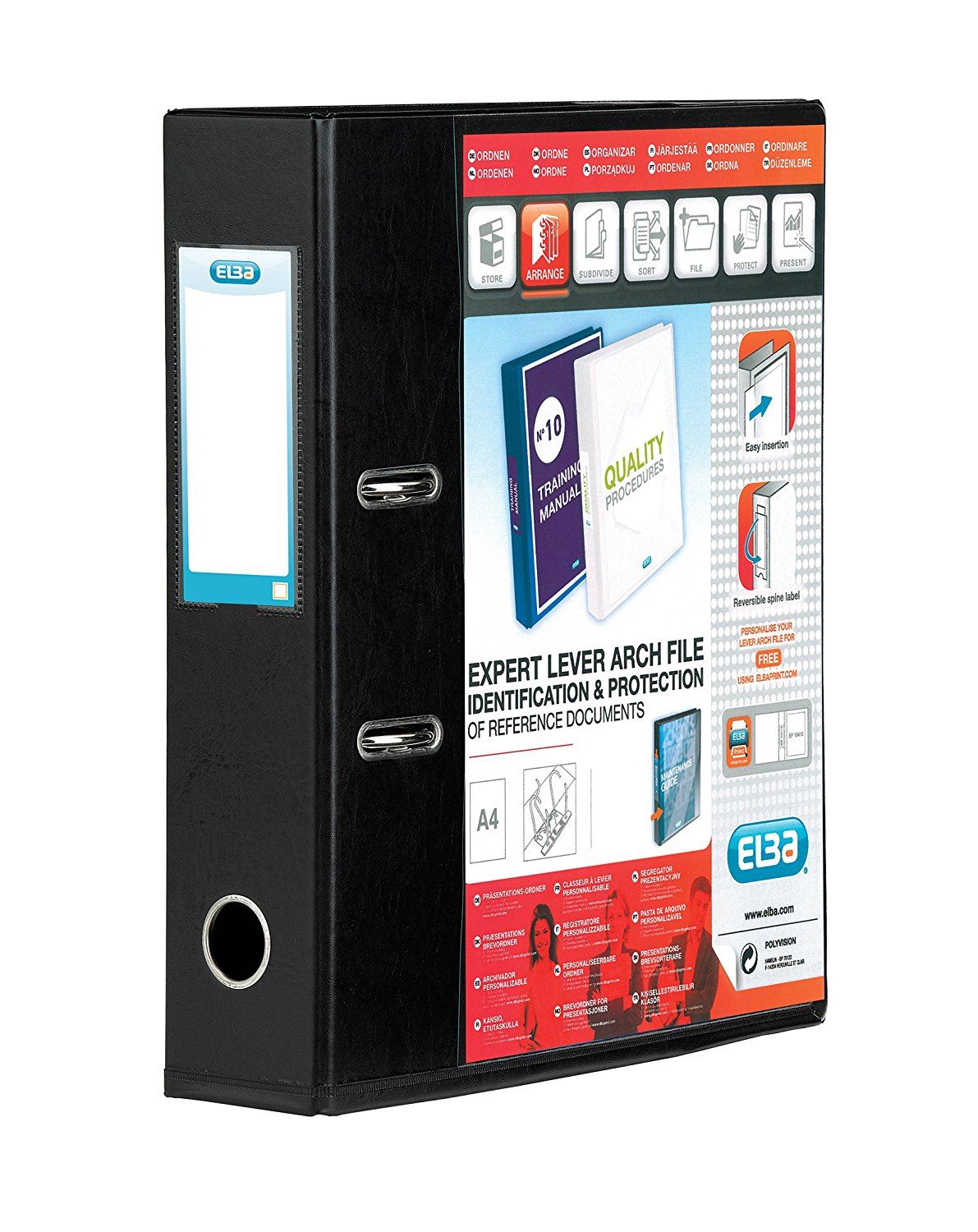 Elba Lever Arch File with Clear PVC Cover 70mm Spine A4 Black - Pack of 1