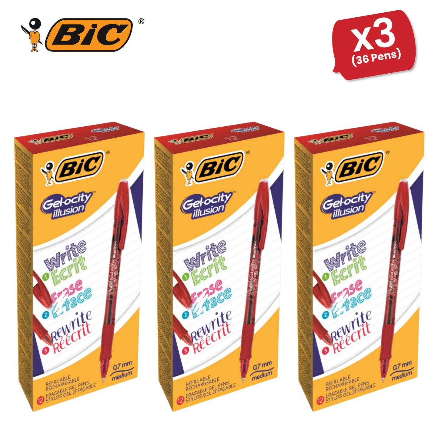 Bic Gel-ocity Illusion Medium Erasable Ink Rollerball Pen 0.7mm & 0.3mm Red