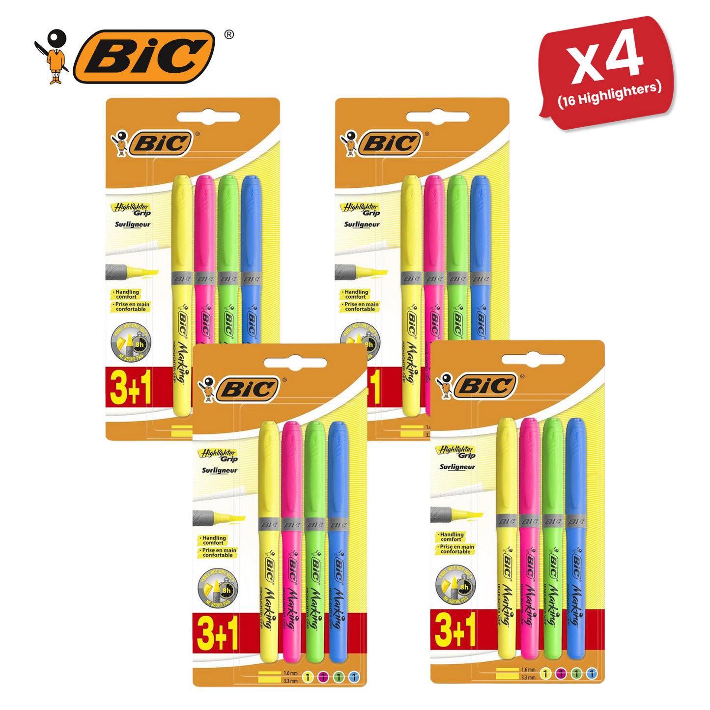 BIC Briteliner Grip Highlighters - Yellow/Blue/Green/Pink (Pack of 4)