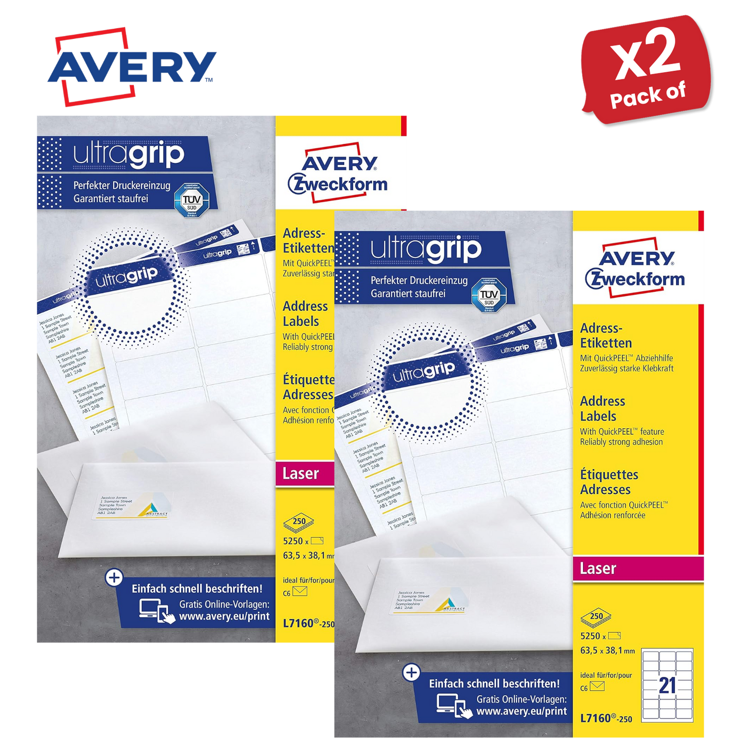 Avery L7160-250 Address Labels, 250 Sheets, 5250 Labels 63.5 x 38.1mm - 1 to 5
