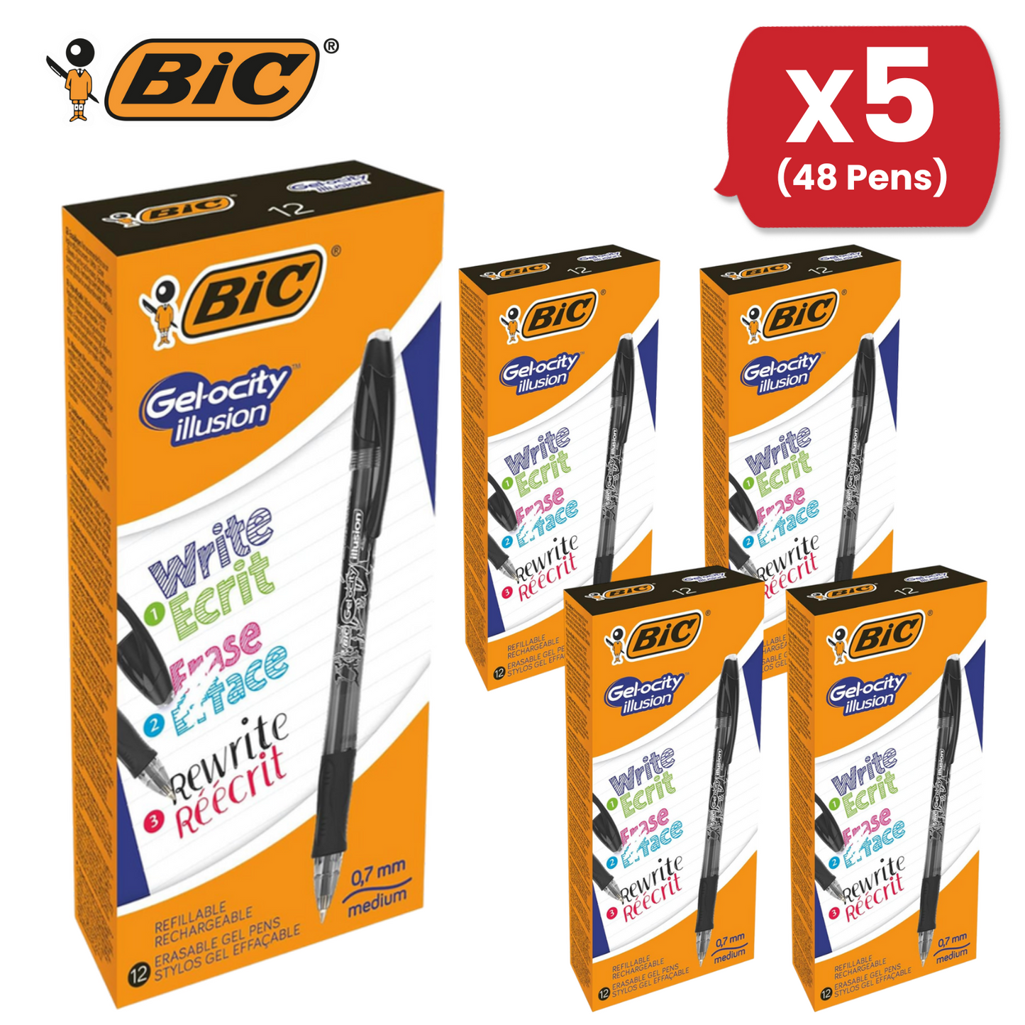 BIC Gel-Ocity Illusion 0.7mm Erasable Gel Pens Black - Pack of 12 Refillable