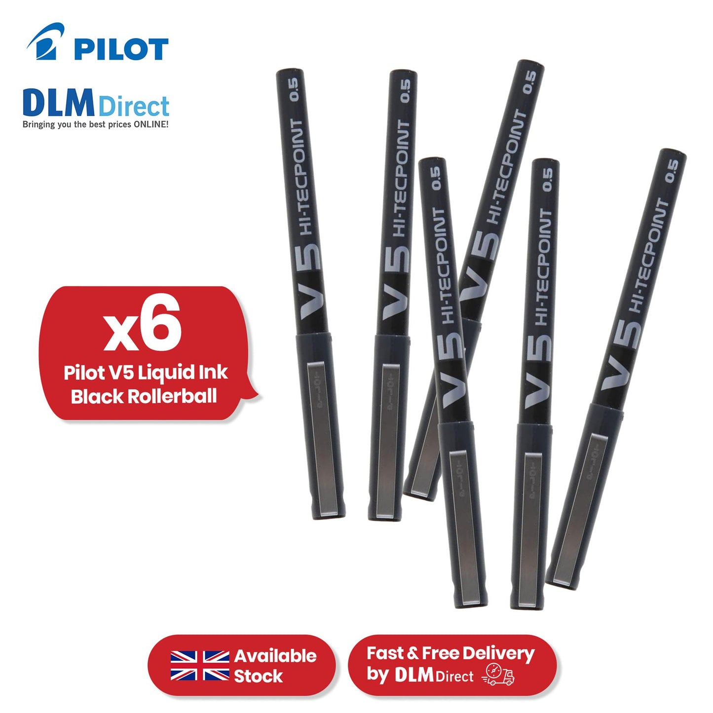Pilot V5 Rollerball Pen - Black 0.5mm Fine Tip Rollerball Pen, Liquid Biros for Notes