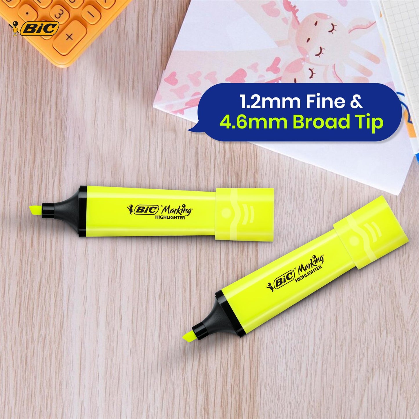 BIC 3x Marking Highlighter Flat Marker Neon Yellow Modular Tip for Precise Highlighting