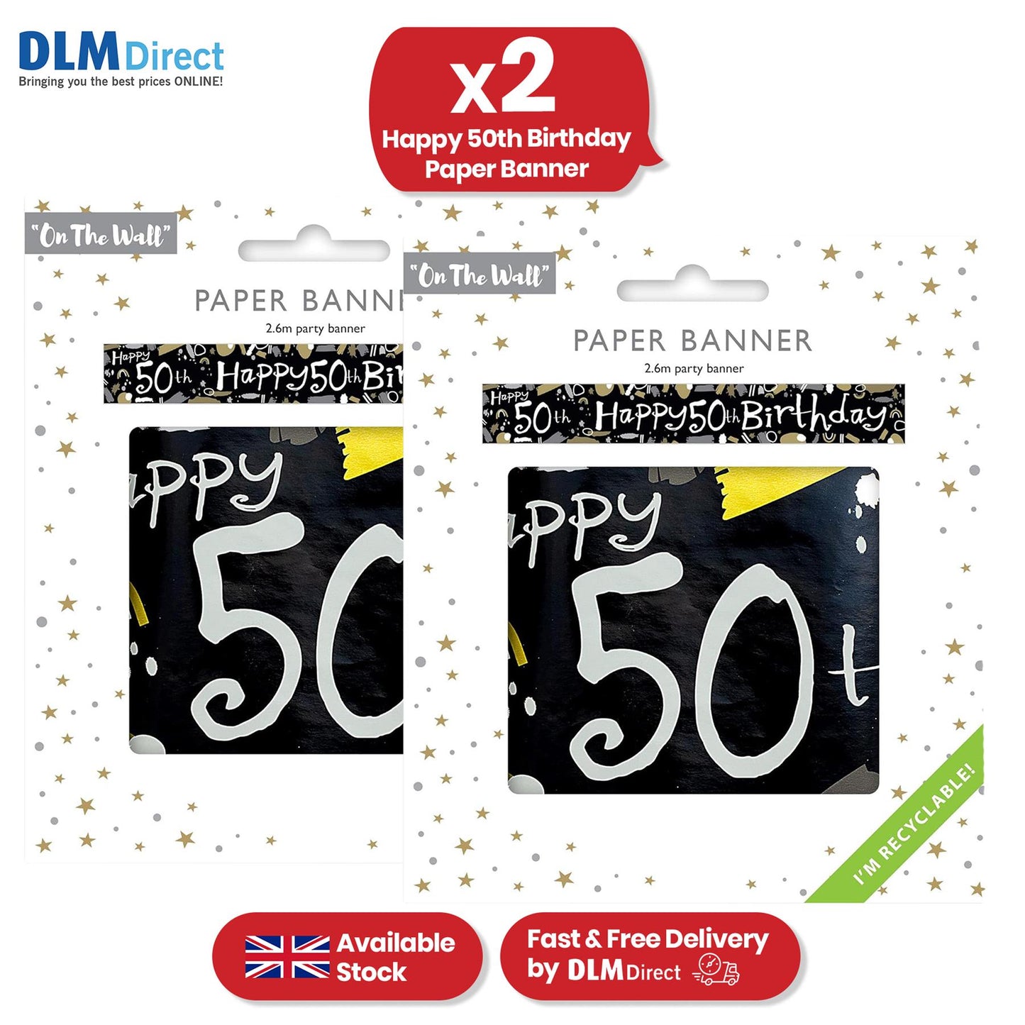 Happy 50th Birthday Black and White Recyclable Banner - 2.6m