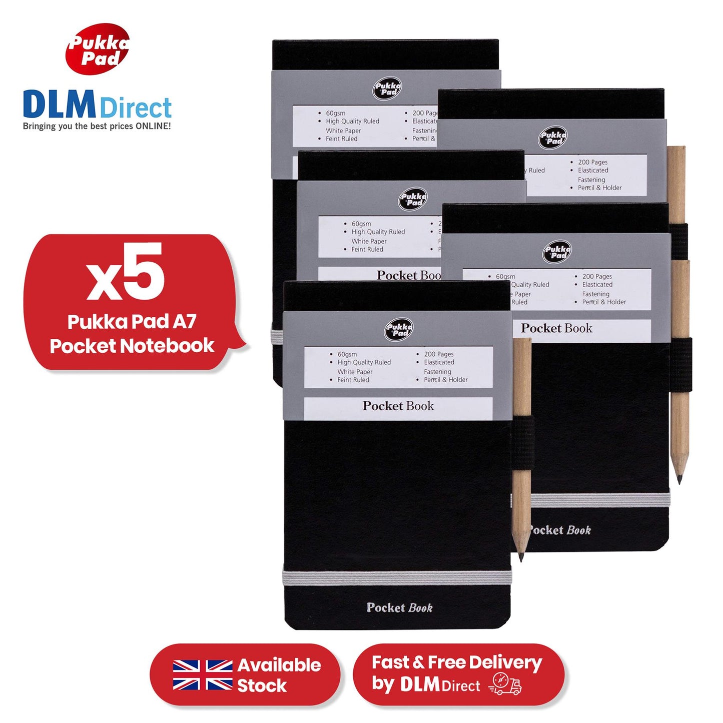 Pukka Pad Pocket Book - 200 Pgs A7 Black Notepad with Pencil & Elastic Strap for Journaling