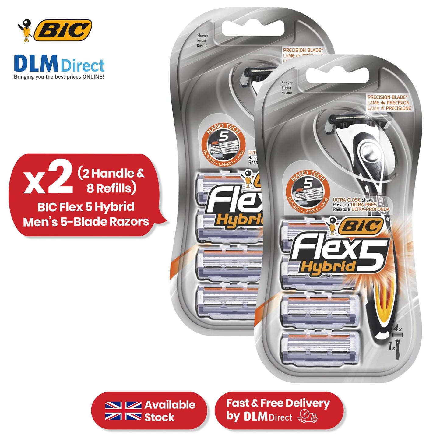 BIC Flex 5 Hybrid, Men's 5-Blade Razors, Precision Blade for Accuracy, Pack with 1 Handle and 4 Refills