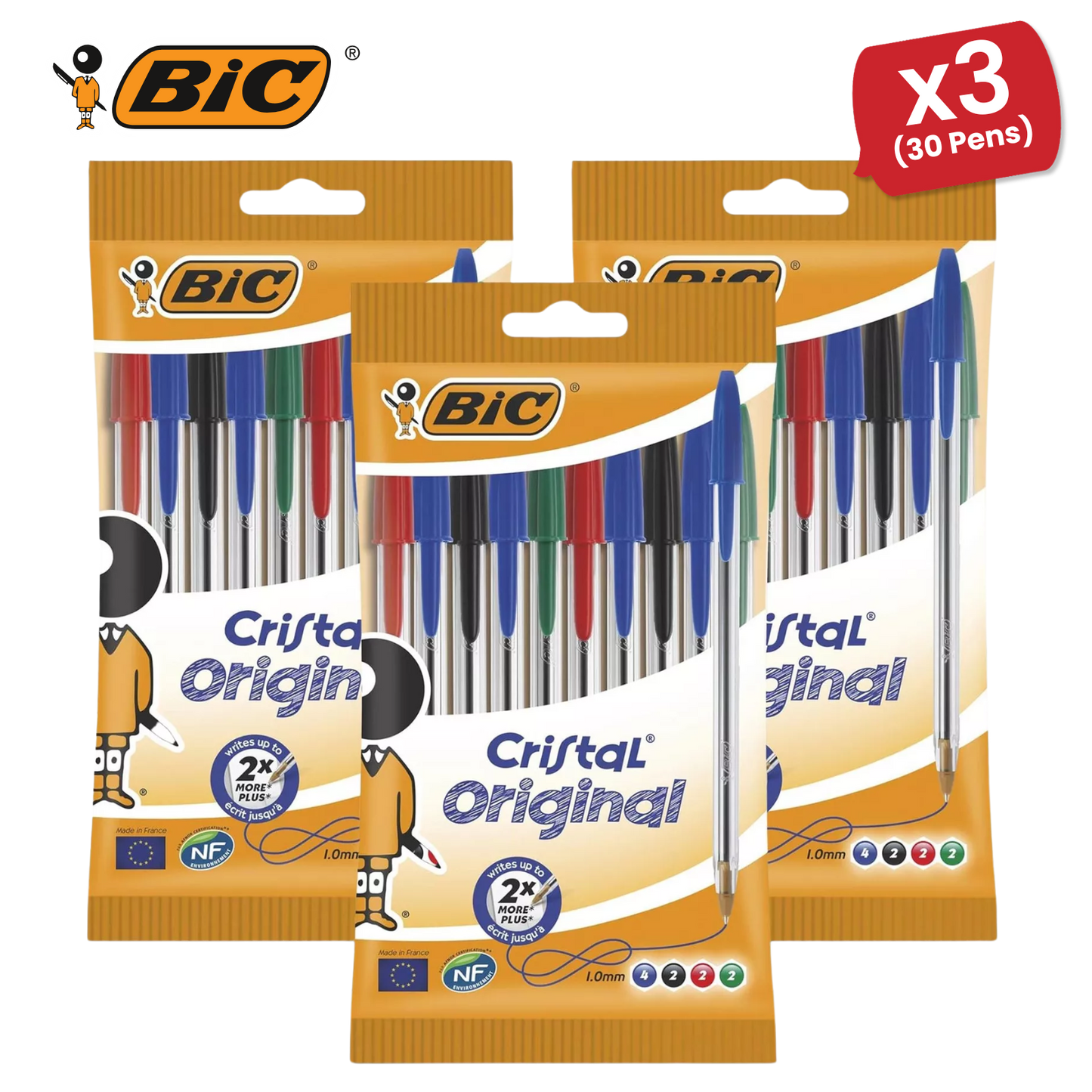 BIC Cristal Original Ballpoint Pens, Fine 1.0mm, 10 Assorted Colours, Comfortable Grip for School and Office