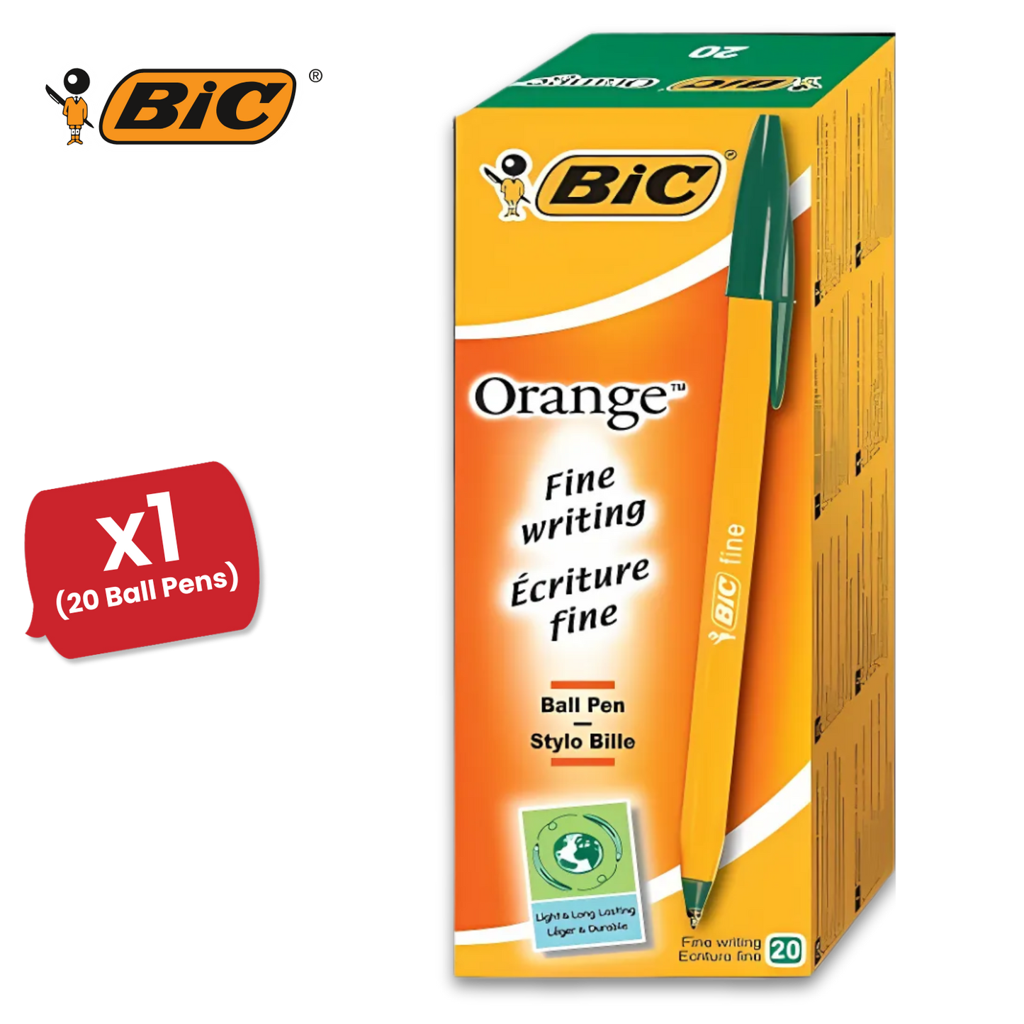Bic Orange Ball Pen Fine Green PK20 1 to 5 Packs