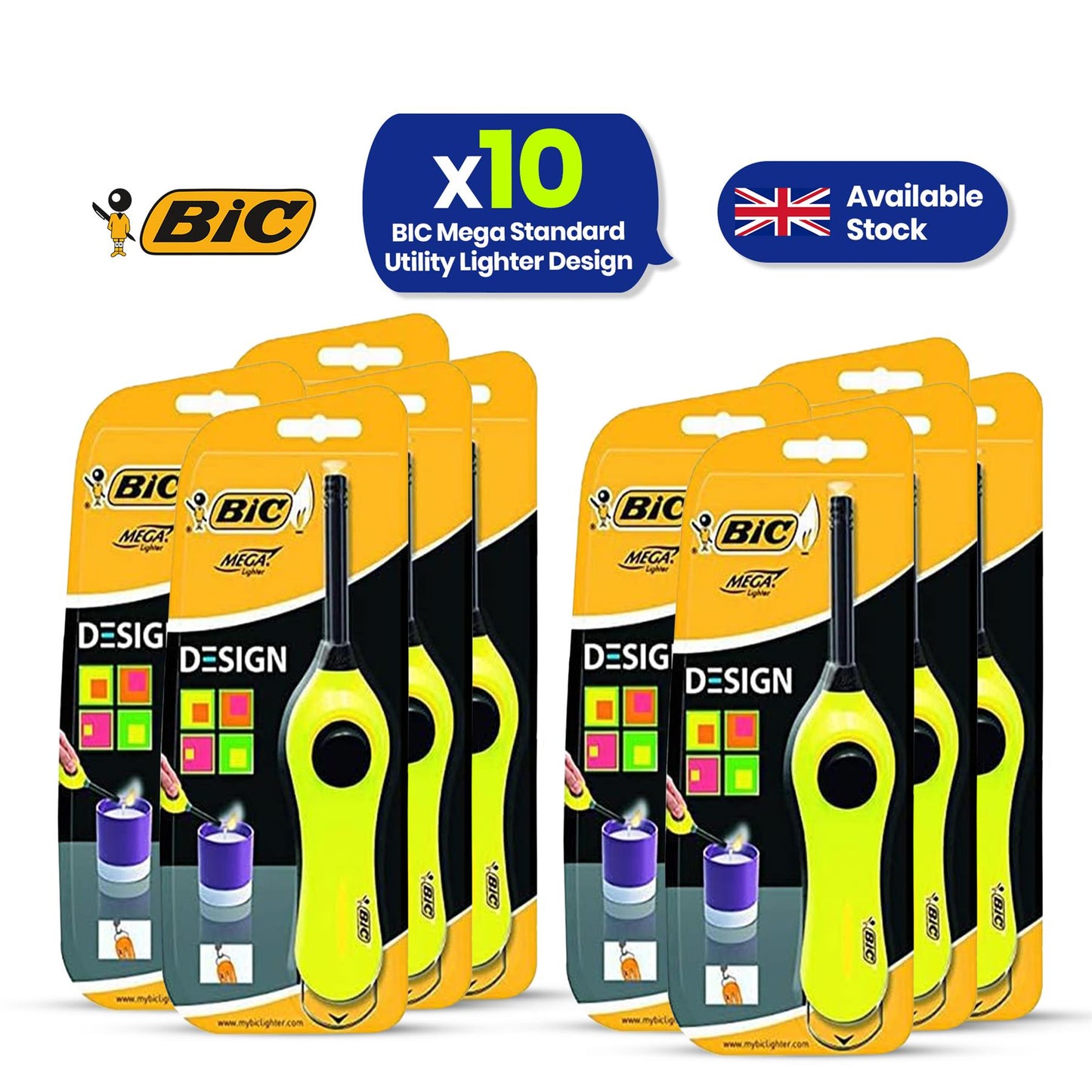 BIC Mega Utility Lighter - Plastic 6cm Wand Cooking Lighter, Push Button Lighters for BBQ