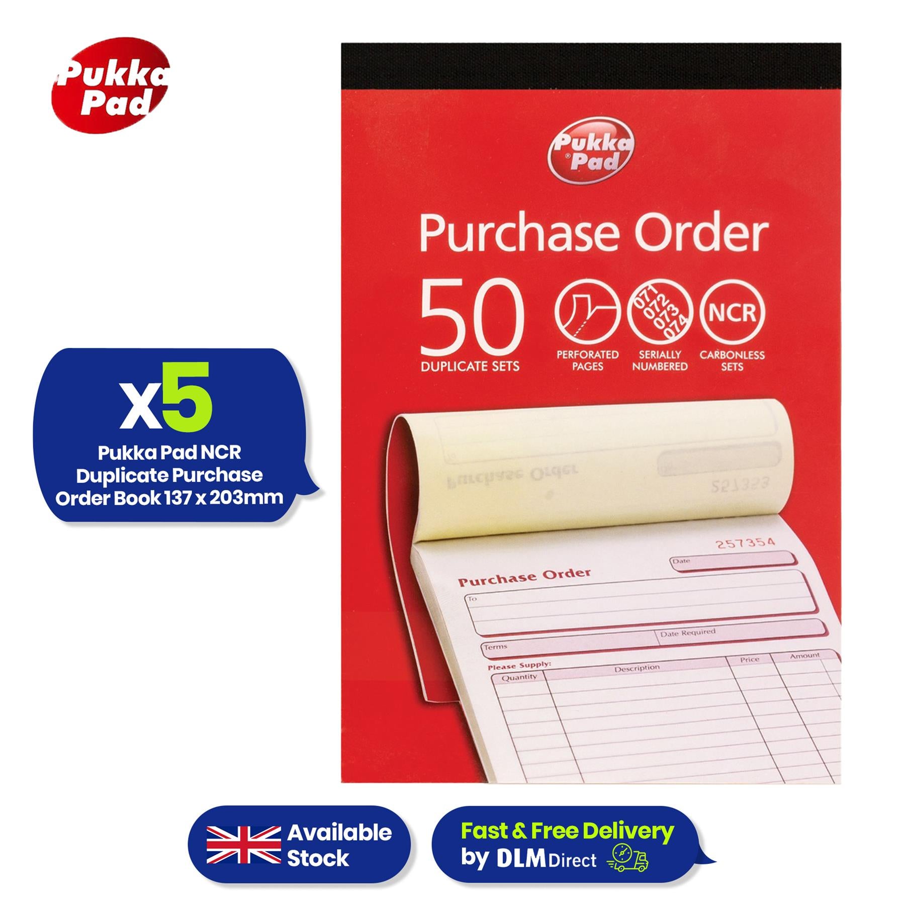 Pukka Pad Bestelboek Duplicaat – 127x203 Mm, 50 Sets, NCR-papier, Verpakking Van 5 Stuks, Met Kleurcodering