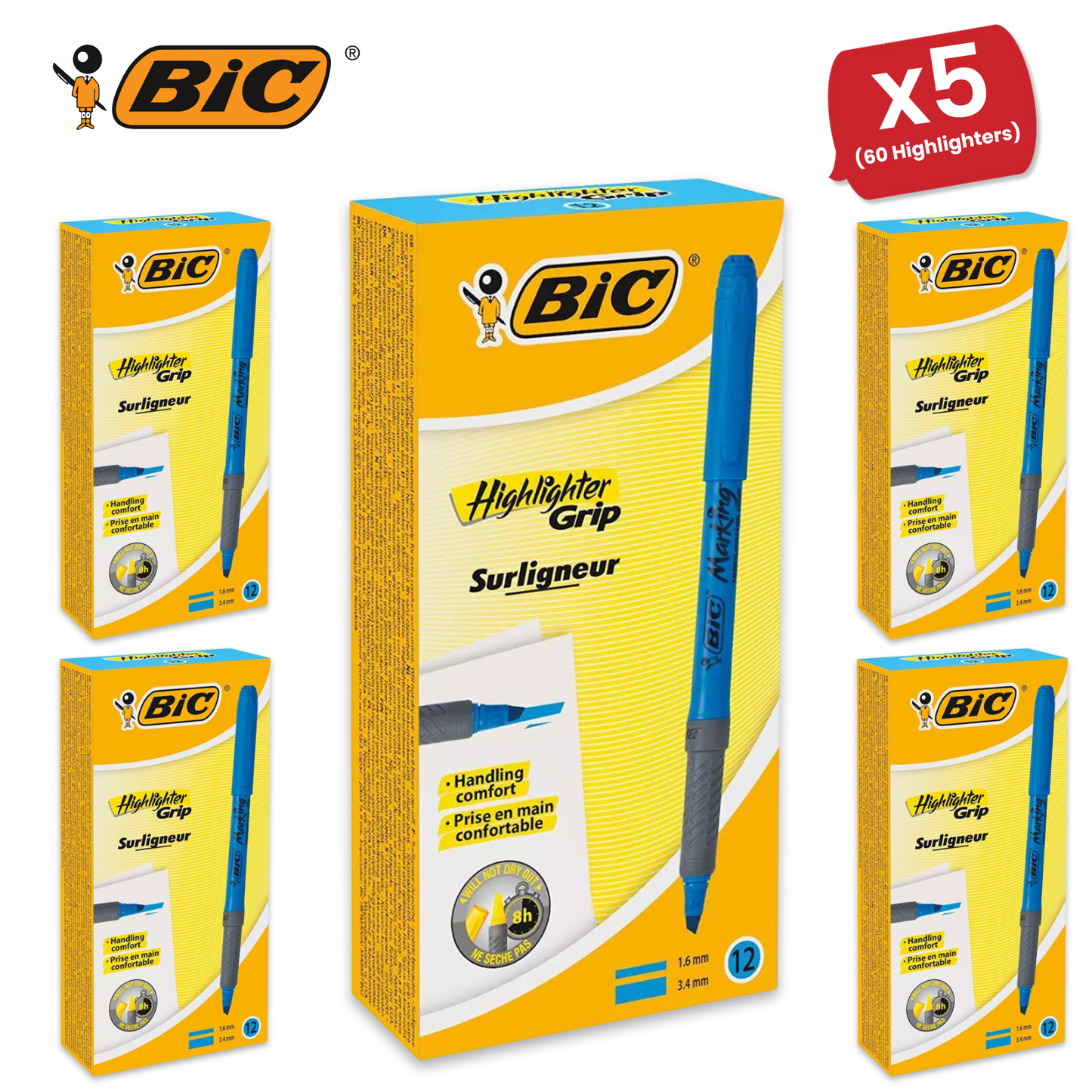Bic Briteliner Grip Highlighter Pen Blue - Pack of 12 - 1 to 5 Packs