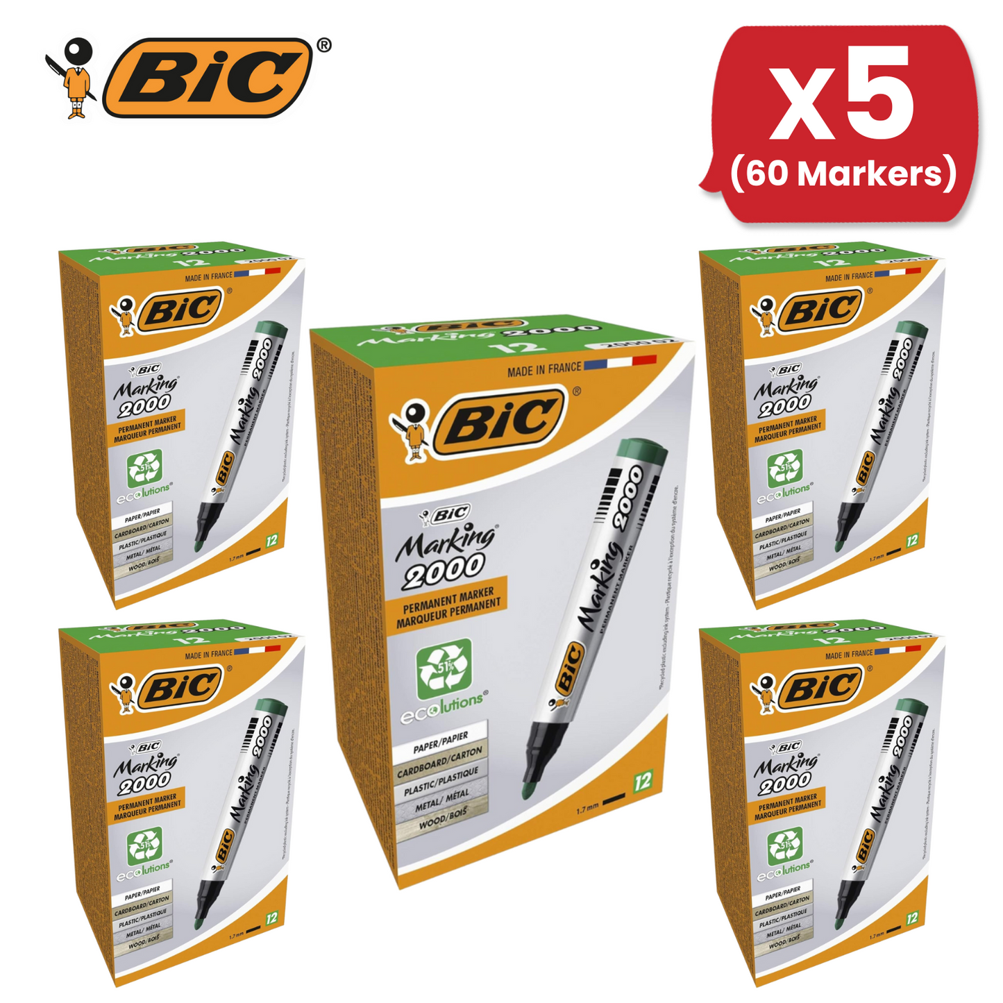 BIC Marking 2000 Ecolutions Permanent Markers Green 1.7mm Bullet Tip Pack of 12