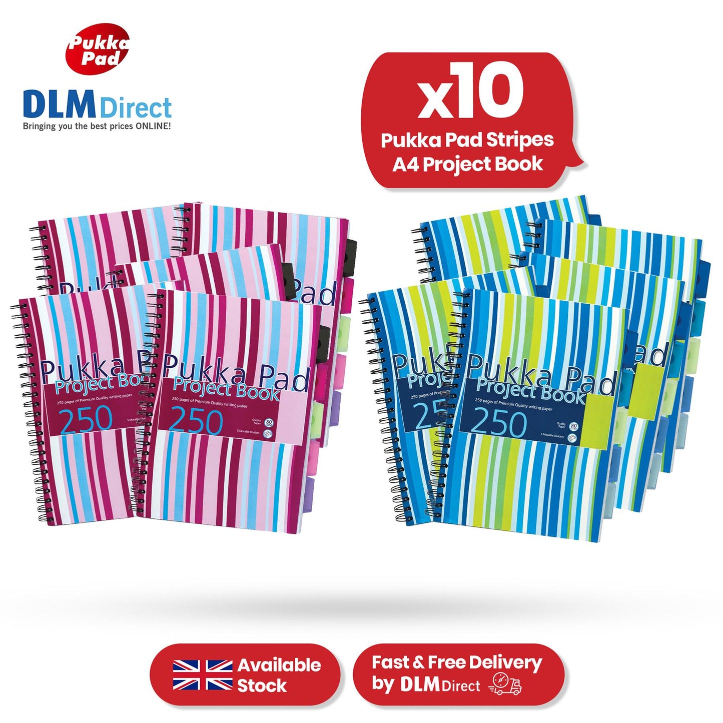 Pukka Pad Project Book - 250 Pages Assorted Colours Stripes A4 Notepad for School