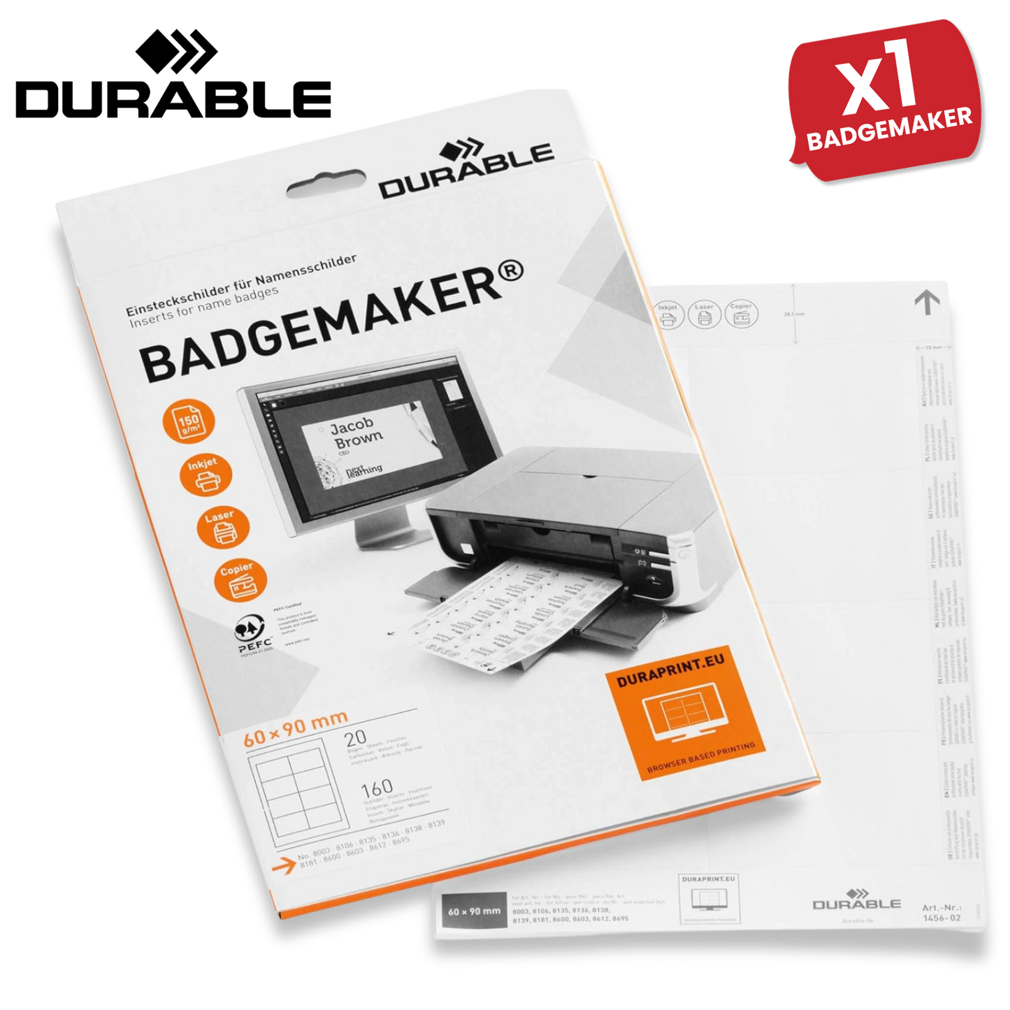 Durable BADGEMAKER Inserts 60 x 90 mm - Pack of 160 Inserts - White - 1 to 5