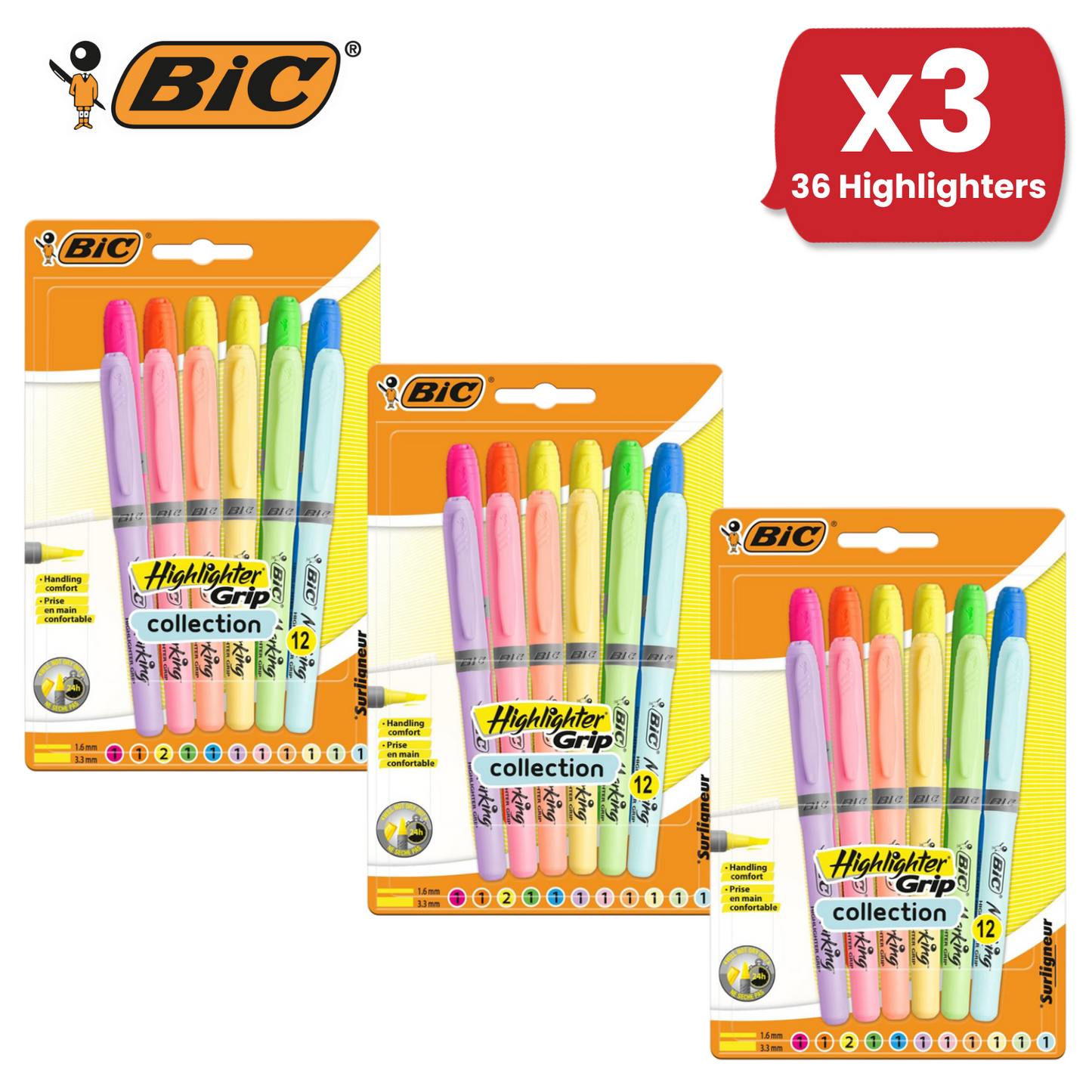 BIC Marking Highlighter Grip Collection Multi Colours Office & School Pack of 12