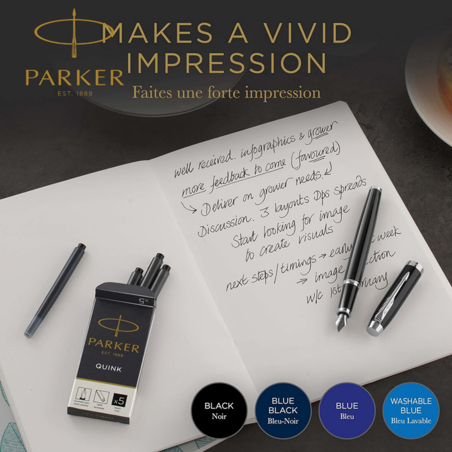 Parker Quink Black Ink Cartridges Fountain Pen Refill, Smooth Flow - Box of 5