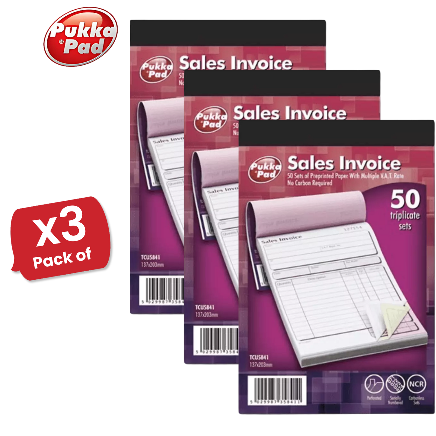 Pukka Pad NCR Triplicate Sales Invoice Book 203 x 137mm - Single - 1 to 36 Packs