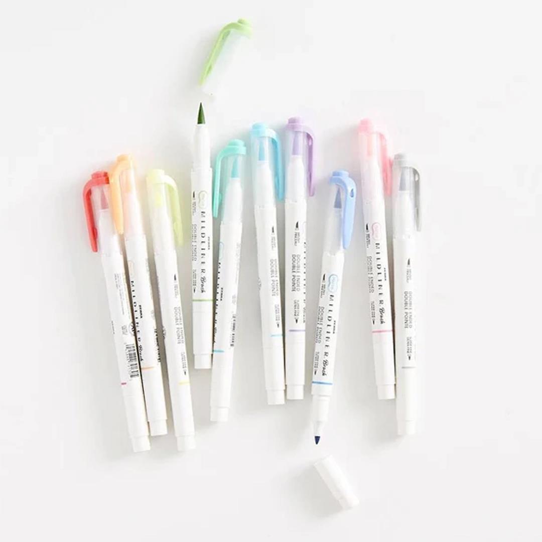 Zebra Pen MIDLINER Brush Pens 10 Pcs Dual Tip Colouring Pen, Assorted Colour Brush Marker for Work