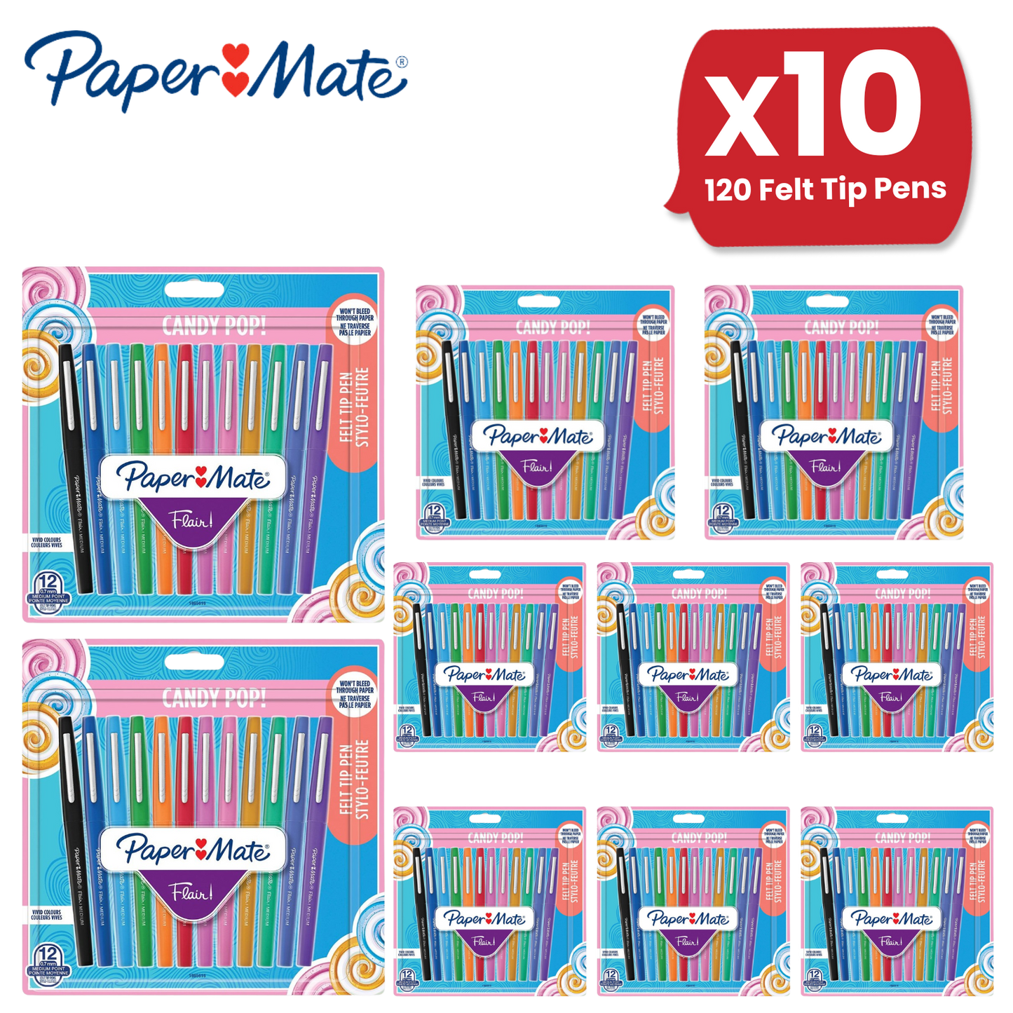 Paper Mate Flair Felt Tip Pens Candy Pop (12-Pack) - Vibrant Colors No-Bleed Ink