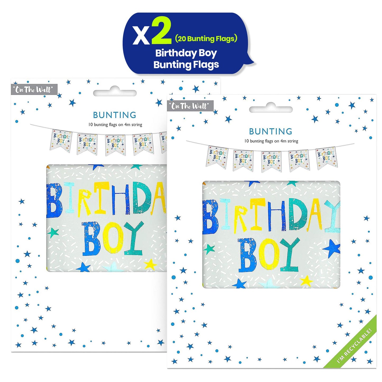 On The Wall Birthday Boy Bunting 4m with 10 Flags, Blue Reusable Party