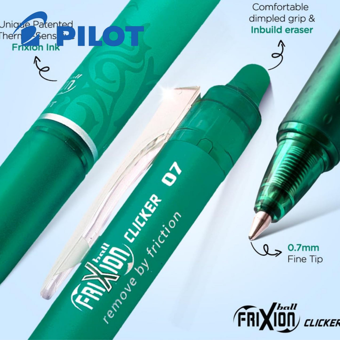Pilot FriXion Clicker Erasable Gel Rollerball Multiple Pens 0.7mm Tip Line Green