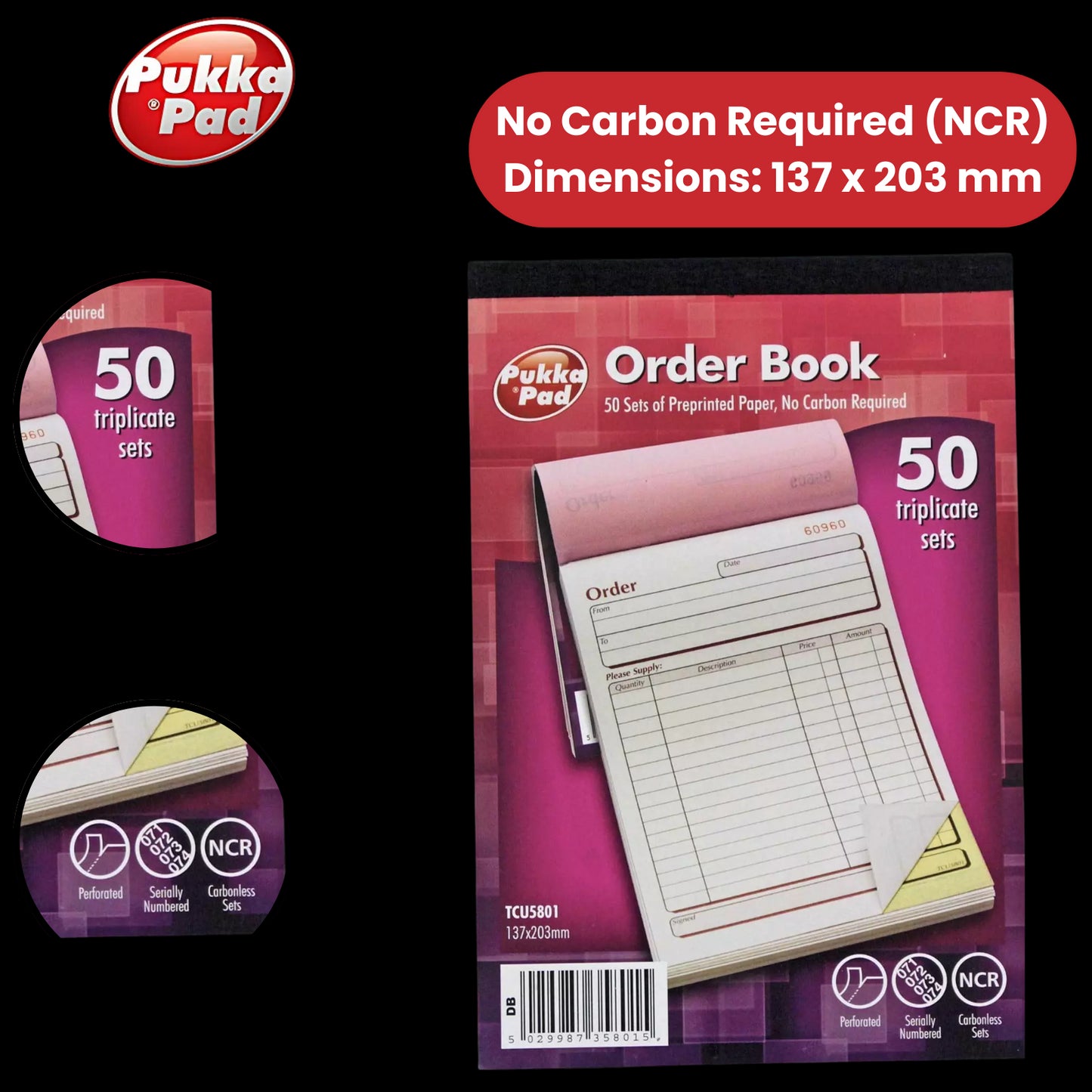 Pukka Pad NCR Triplicate Order Book 137mm x 203mm - Single - 1 to 36 Packs