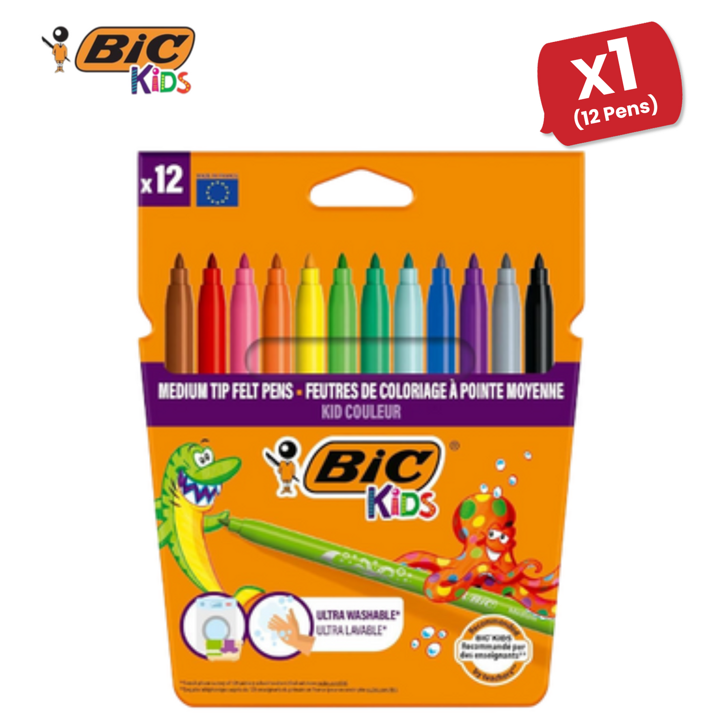 BIC Kids Kid Couleur Felt Medium Blocked Tip Colouring Pens - Pack of 12
