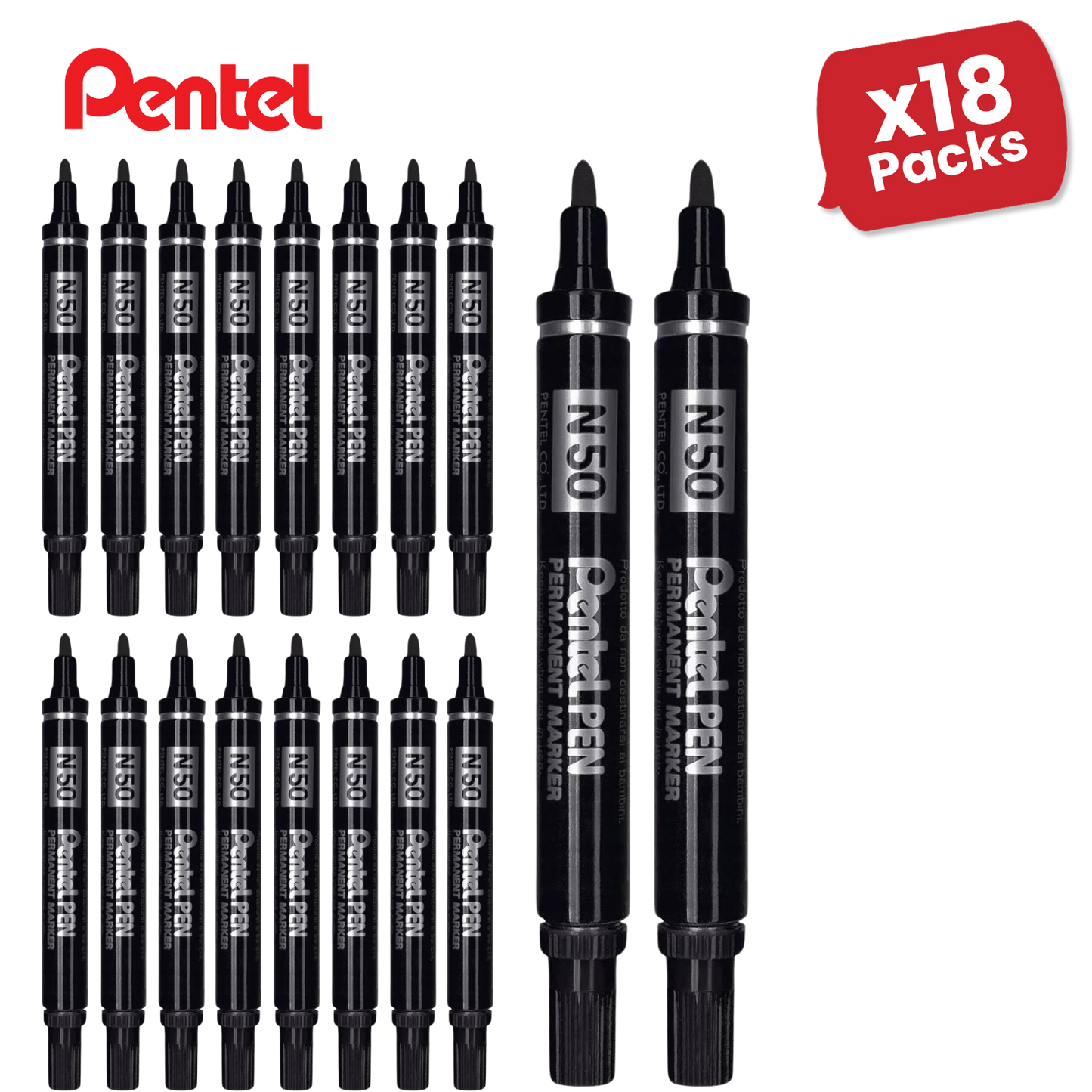 Pentel N50 Permanent Marker Bullet Tip 1.5-2mm Line Black Ref N50-A - 18 Packs