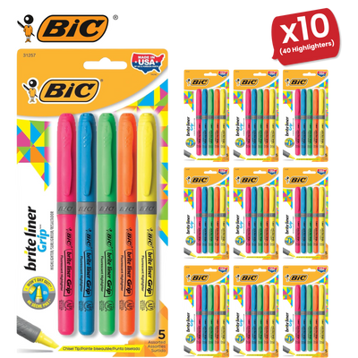 Bic brite liner Grip (1.6 to 3.3 mm) Chisel Tip Highlighter Pen - 10 Packs