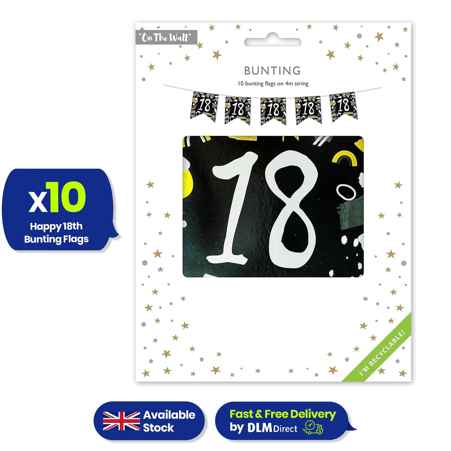 Happy 18th Birthday Black and White Bunting 4M Party Banner with 10 Flags Durable