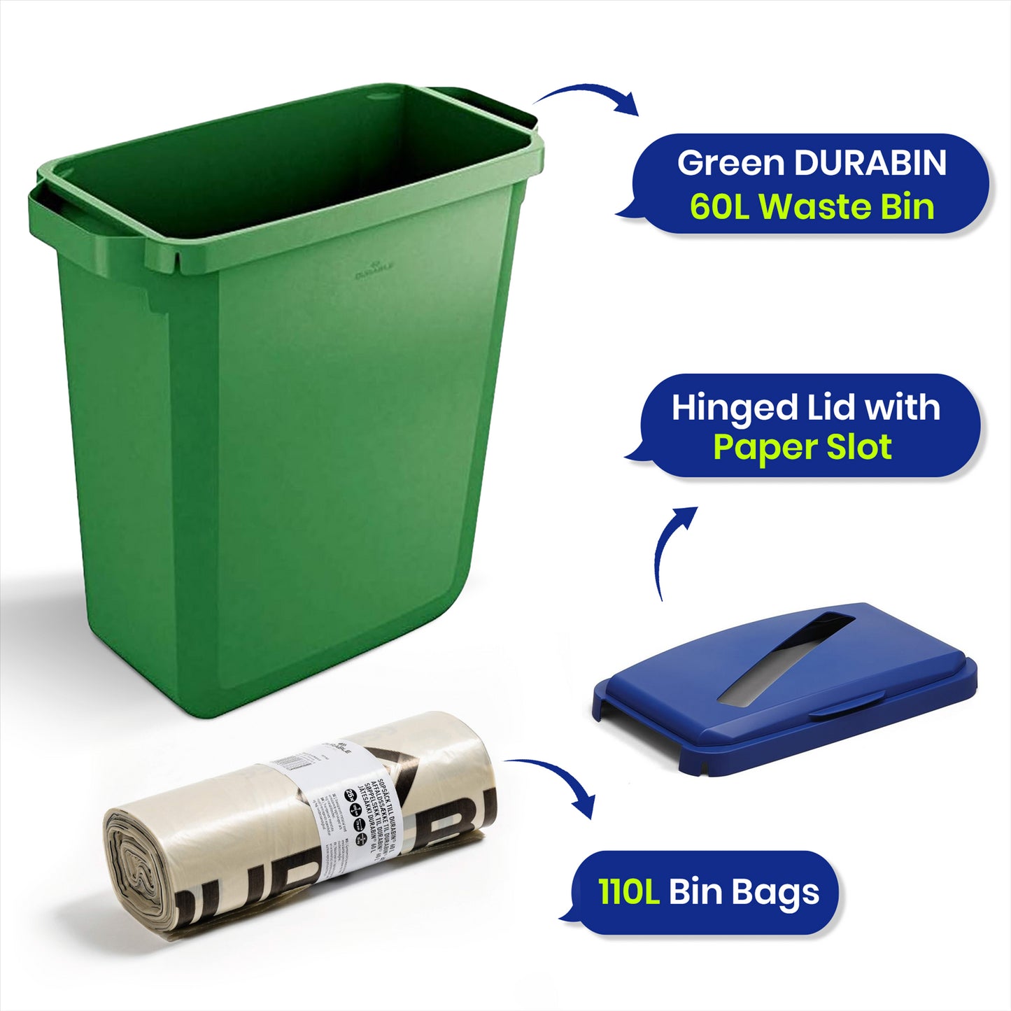 Durable DURABIN 60 Green+ Durable DURABIN 60 Hinged Lid with Paper Slot - Blue+ Durable ECO 110L Bin Bags 100% Recycled