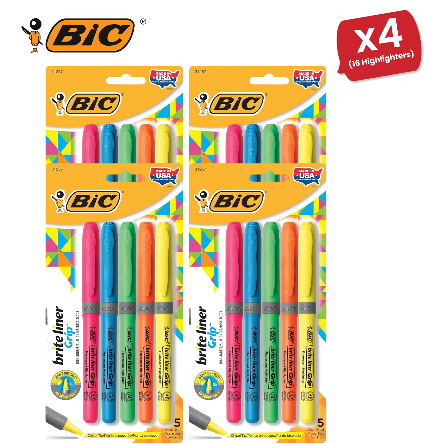 Bic brite liner Grip (1.6 to 3.3 mm) Chisel Tip Highlighter Pen Assorted (1 x Pack of 5 Highlighter Pens) - 1 to 5 Packs