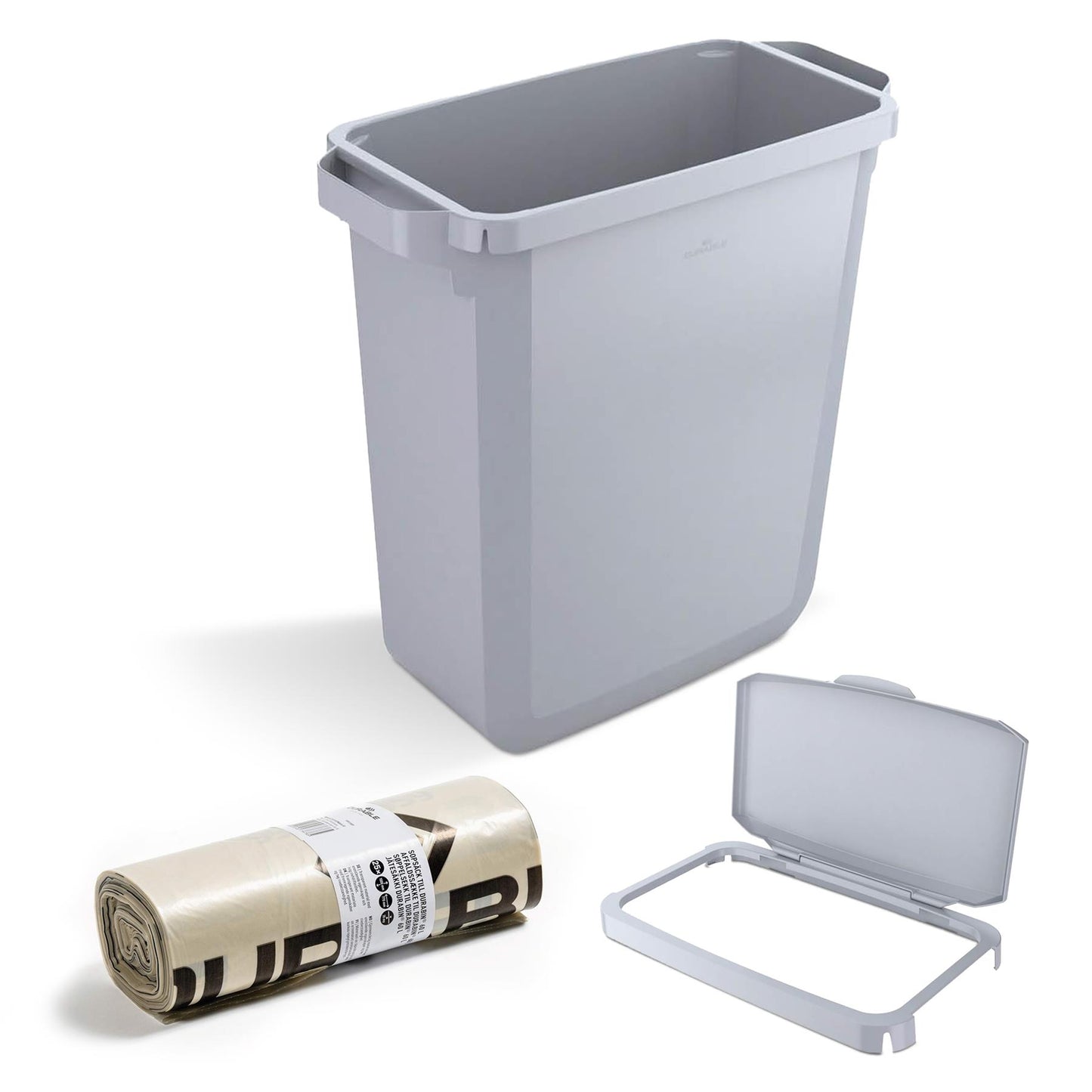 DURABIN 60L Grey Bin Set and Grey Hinged Lid with Paper Slot & 25x 110L Bin Bags