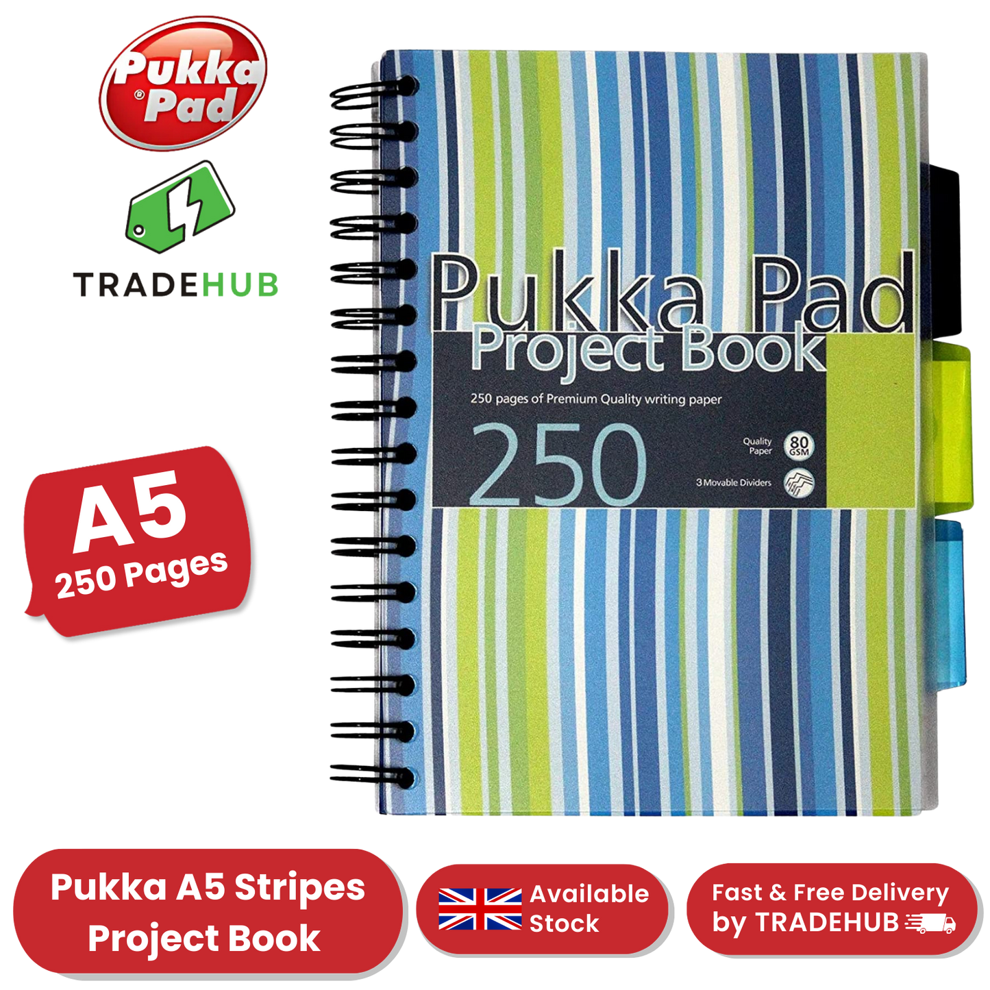 Pukka A5 Stripes Project Book, 250 Page, Lined, Single Notebook for Study & Work