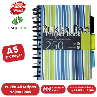 Pukka A5 Stripes Project Book, 250 Page, Lined, Single Notebook for Study & Work