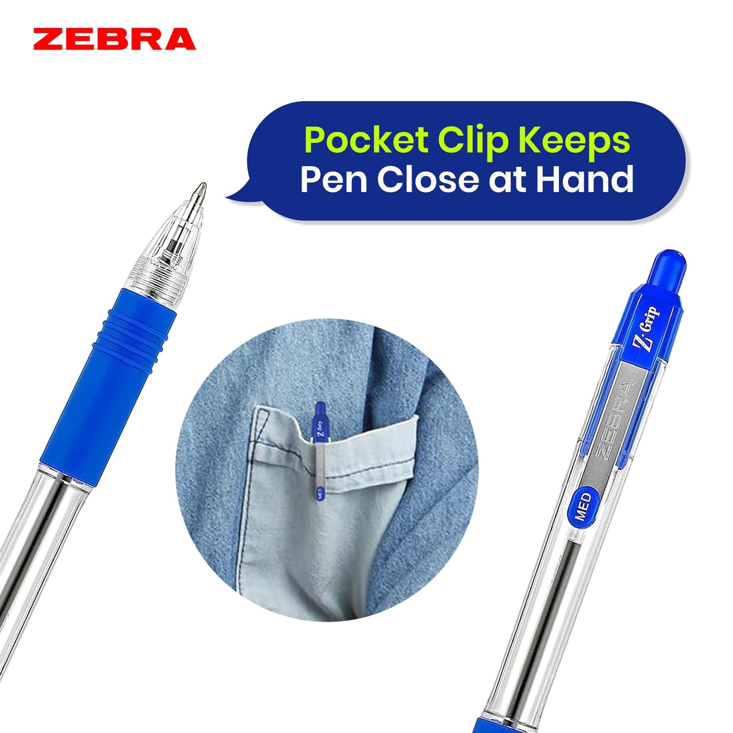 Zebra Z Grip Ballpoint Blue Retractable Pen 1.0mm Medium Point Biro for School Office (Pack of 12)