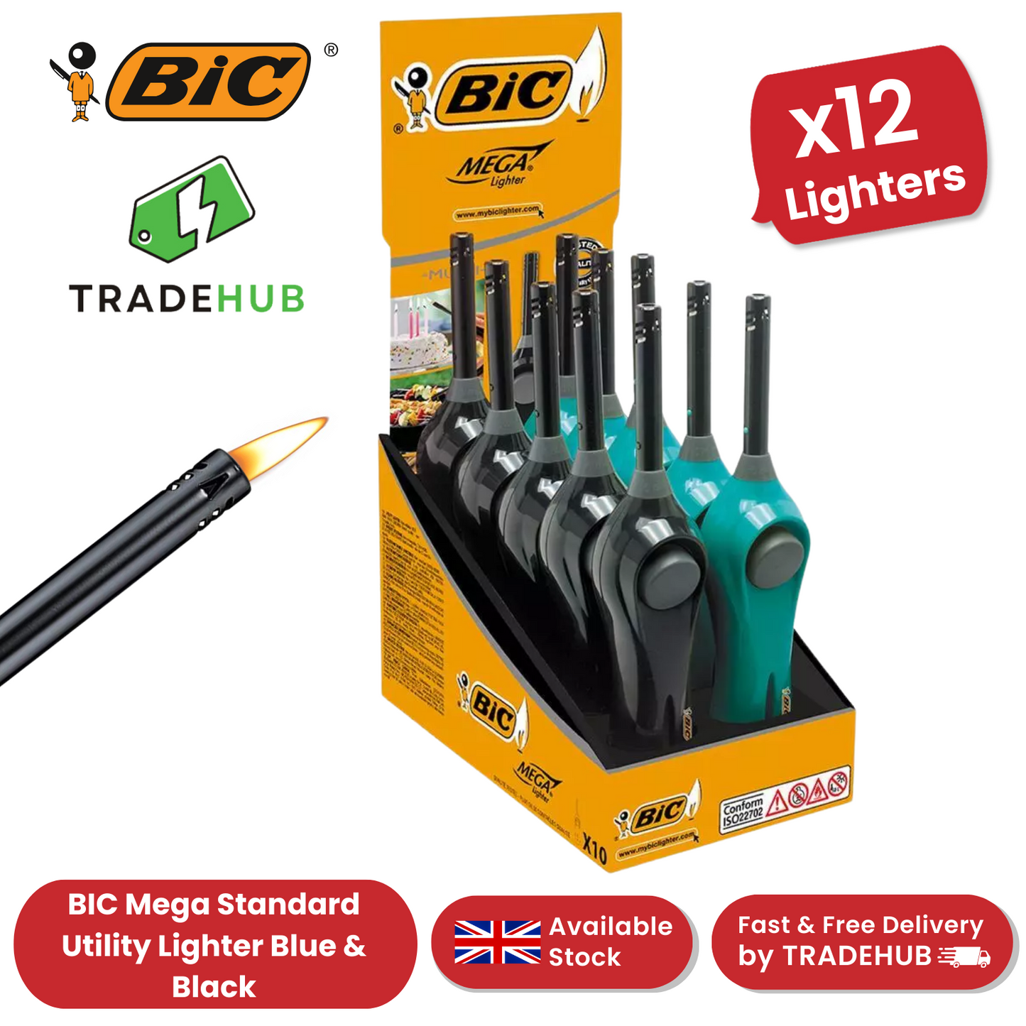 BIC Mega Standard Utility Lighter Blue & Black - Box of 10