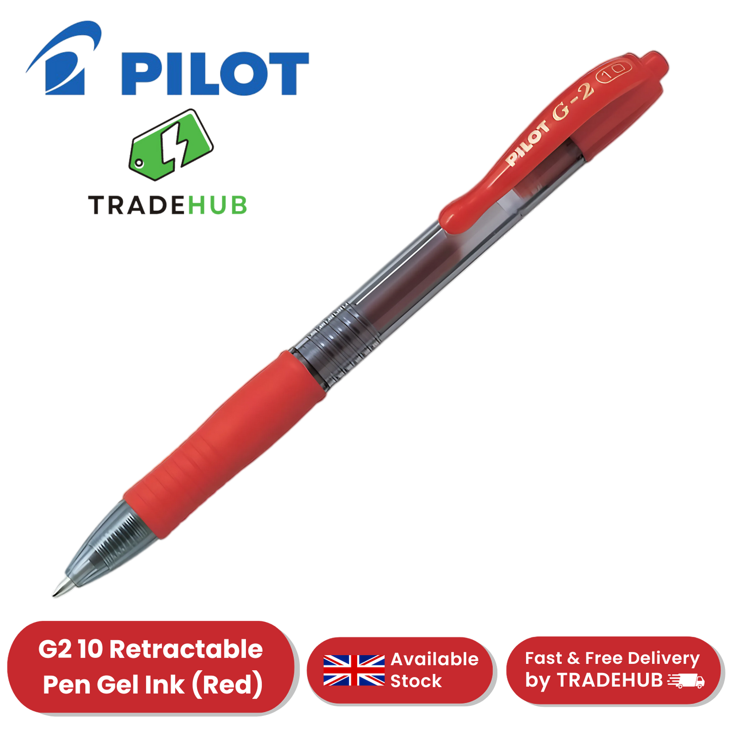 Pilot G-210 Retractable Pen Gel Ink 1.0mm Broad Rollerball Ball Point Pens - Red