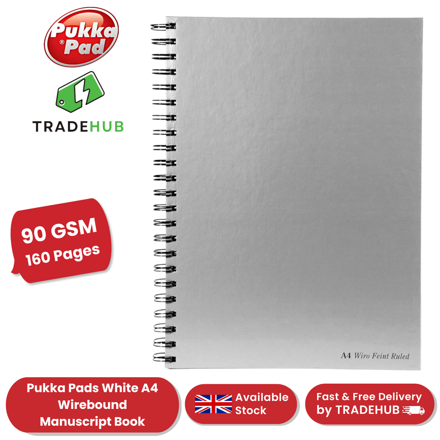 PUKKA PADS WHITE A4 WIREBOUND MANUSCRIPT BOOK 160 page 90gsm (RULED) - PACK OF 1 to 5