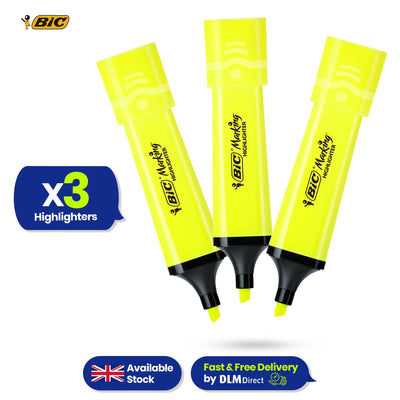 BIC 3x Marking Highlighter Flat Marker Neon Yellow Modular Tip for Precise Highlighting