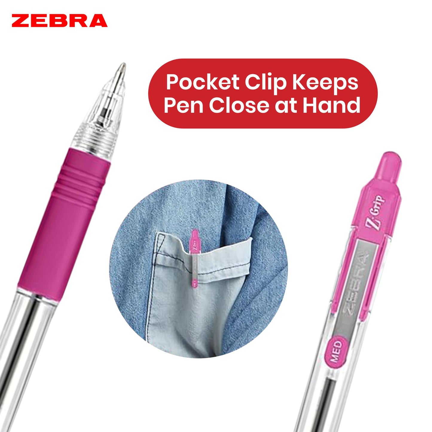 Zebra Smooth Ballpoint Pen Pink Z Grip Retractable Pen 1.0mm Medium Point Biro for School Office (Pack of 12)