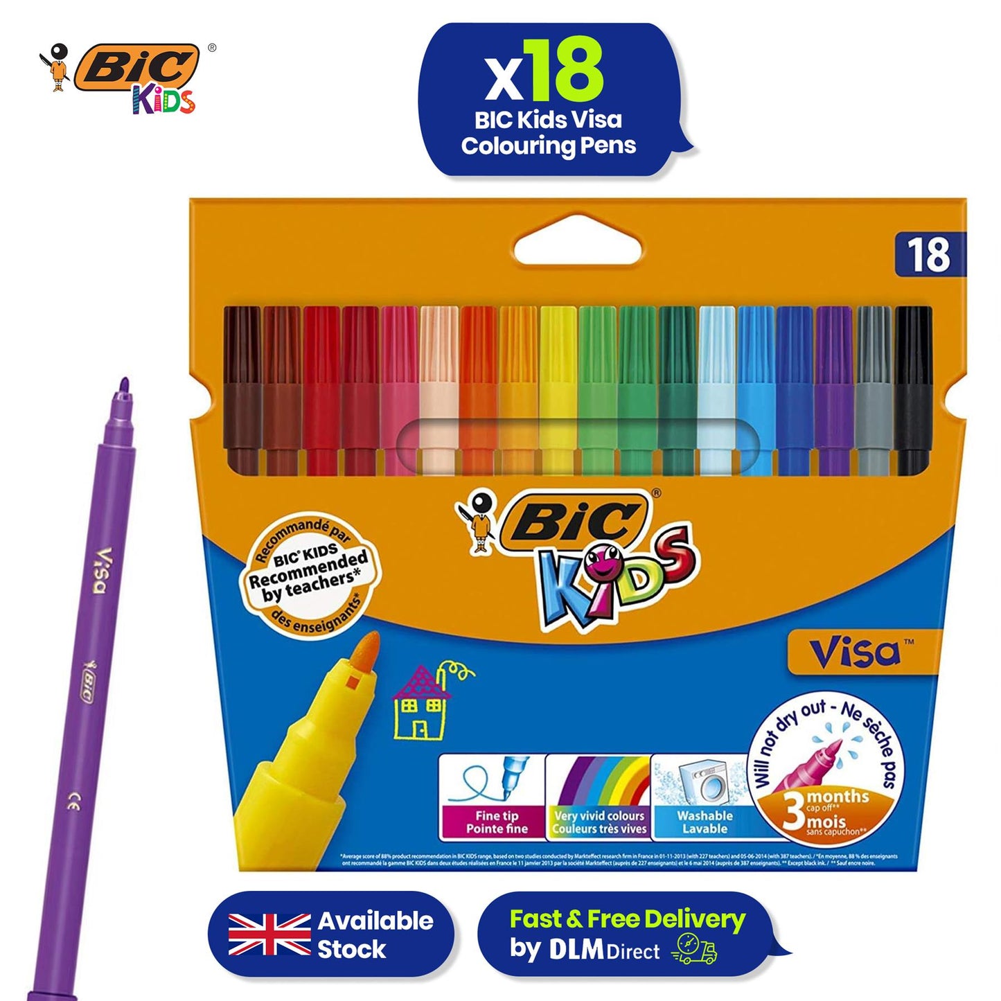 BIC Kids Colouring Pens 18 Pack Fine Tip Washable Felt Pens for School and Art
