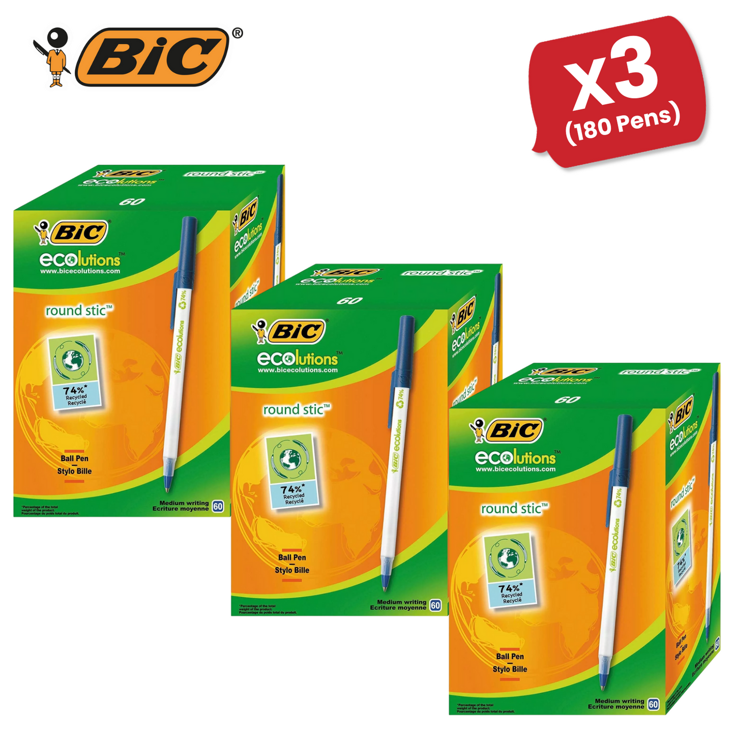 BIC Ecolutions Round Stic Ballpoint Pens - Blue Ink, 1.0mm Tip - Box of 60