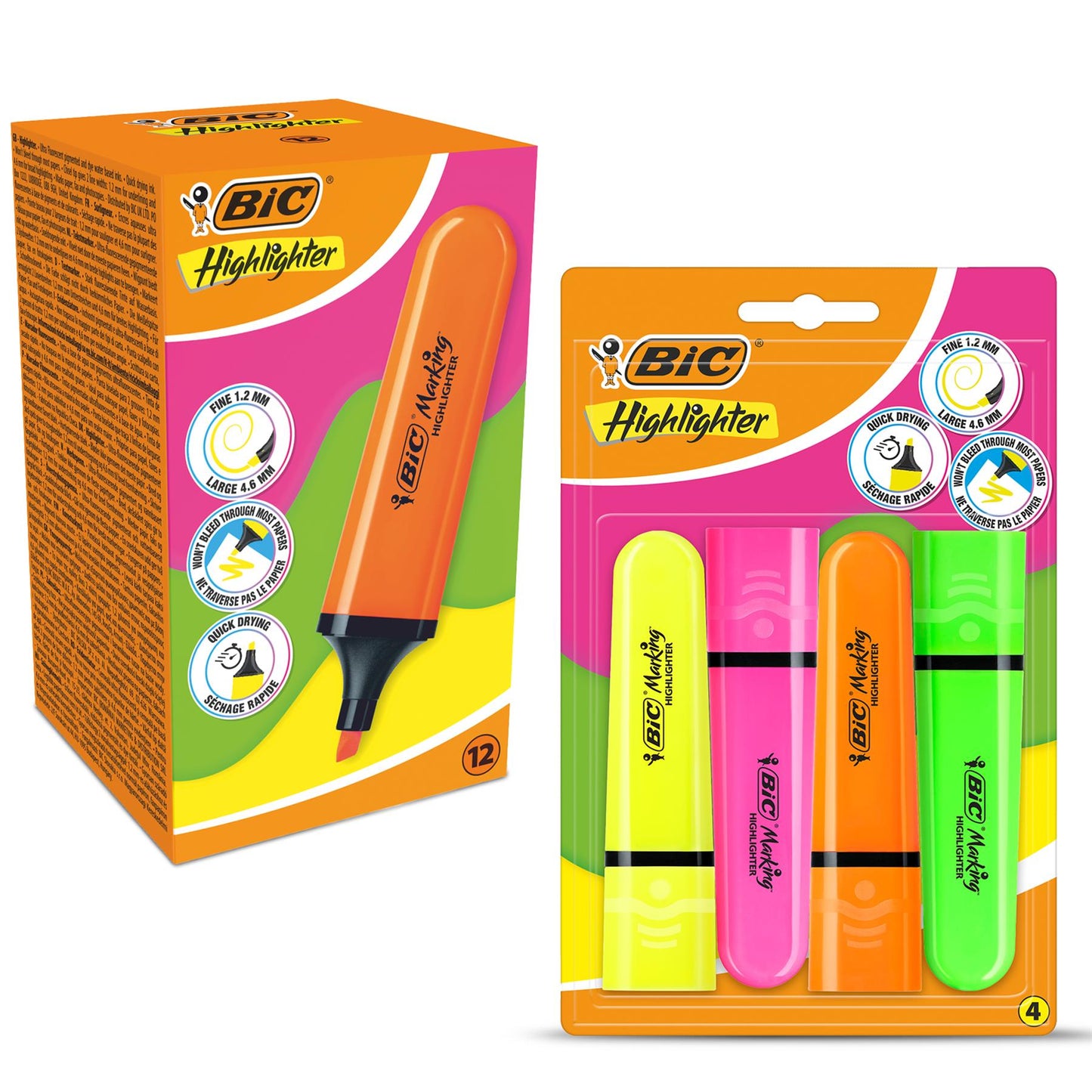 BIC Highlighter Flat Marker Neon Orange Pack of 12 & 4x Assorted Chisel Tip Quick Dry