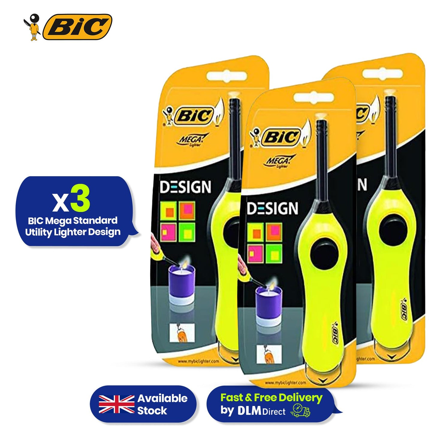 BIC Mega Utility Lighter - Plastic 6cm Wand Cooking Lighter, Push Button Lighters for BBQ