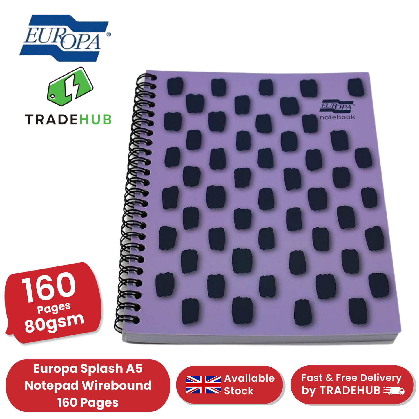 Europa Splash A5 Notepad Wirebound 160 Pages 80gsm FSC Paper Punched Purple