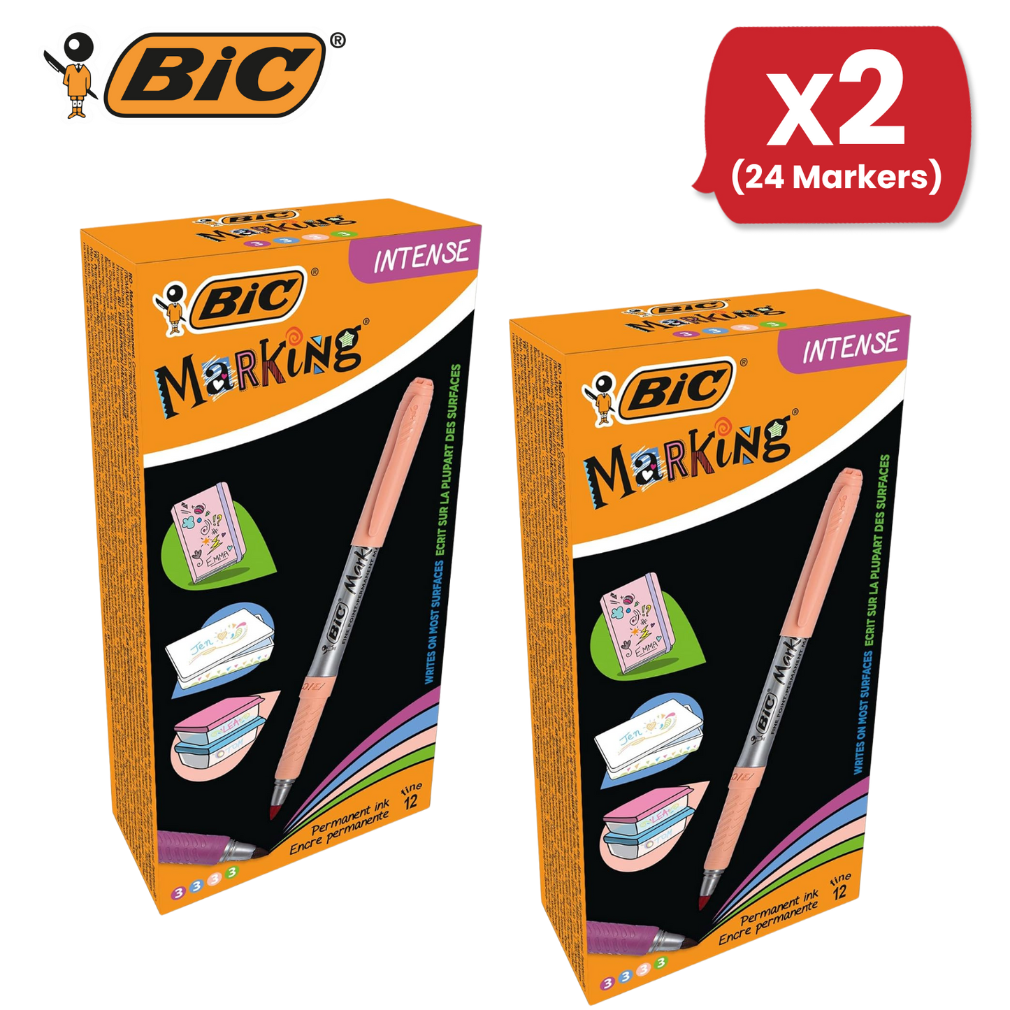 BIC Marking Permanent Markers Fine Tip Assorted Intense & Pastel Colours 12 Pack
